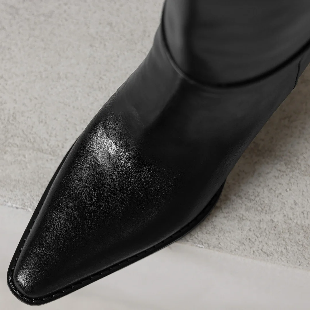 Women's genuine leather pointed toe slip-on autumn knee high boots 6cm thick high heel elegant ladies dress slim long boots shoe