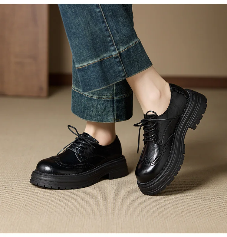 Genuine Leather Women's Oxford Shoes Luxury Handmade 2026 Autumn New Fashion British Style Elegant Black Casual Shoes Woman