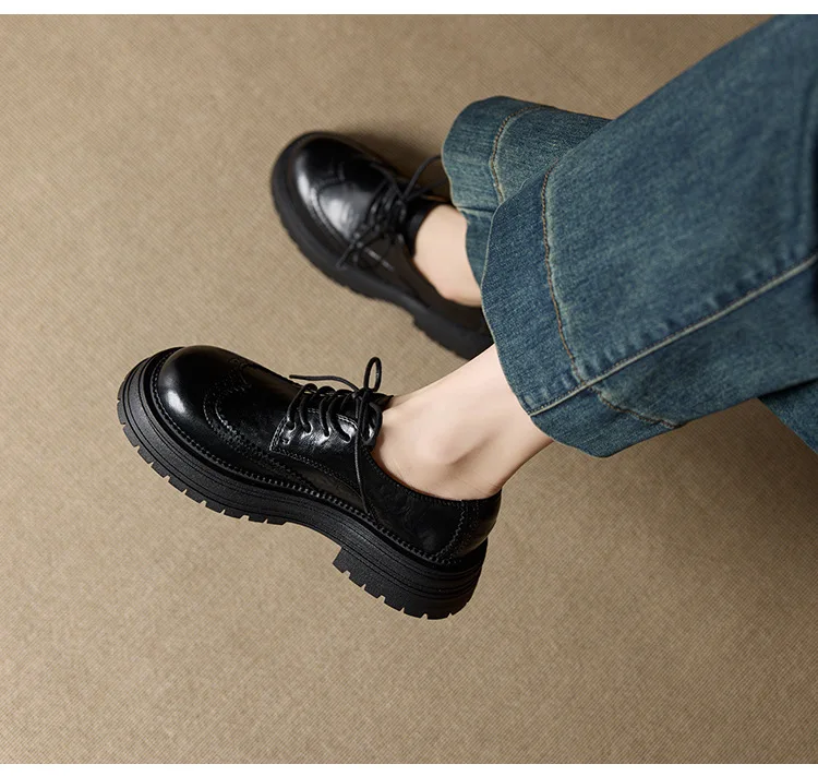 Genuine Leather Women's Oxford Shoes Luxury Handmade 2026 Autumn New Fashion British Style Elegant Black Casual Shoes Woman