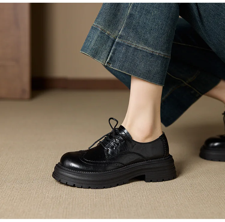 Genuine Leather Women's Oxford Shoes Luxury Handmade 2026 Autumn New Fashion British Style Elegant Black Casual Shoes Woman