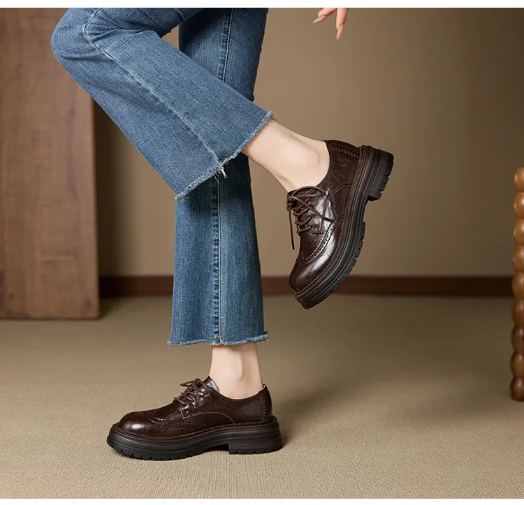 Genuine Leather Women's Oxford Shoes Luxury Handmade 2026 Autumn New Fashion British Style Elegant Black Casual Shoes Woman
