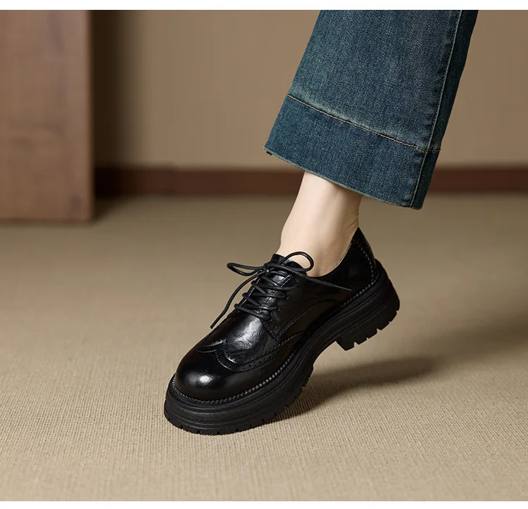 Genuine Leather Women's Oxford Shoes Luxury Handmade 2026 Autumn New Fashion British Style Elegant Black Casual Shoes Woman
