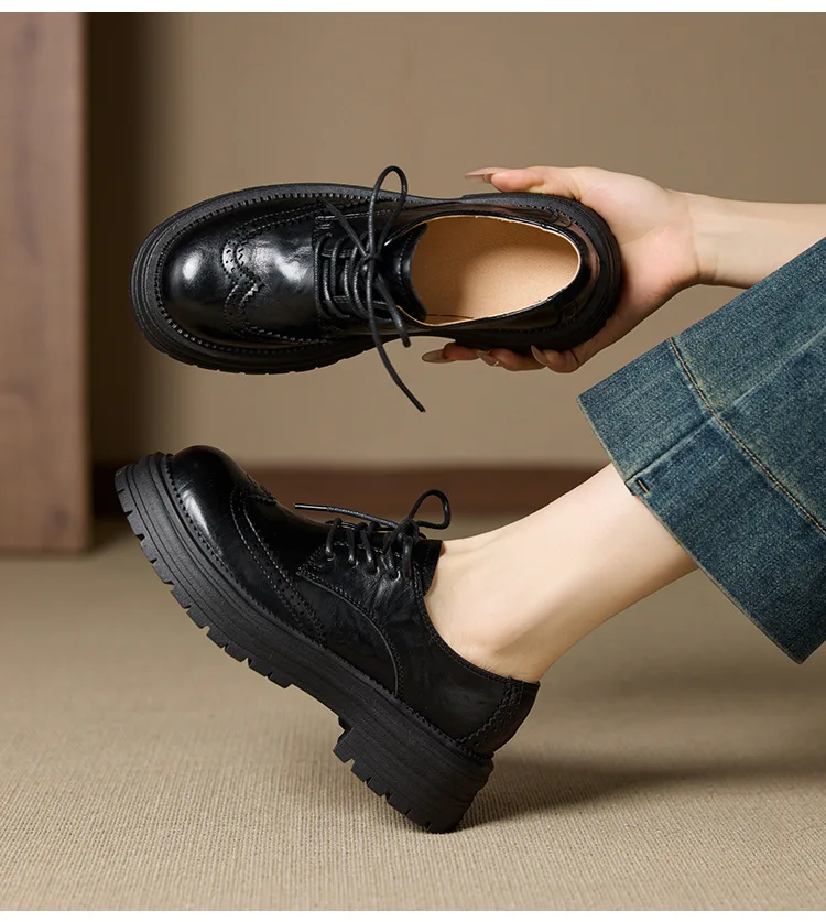Genuine Leather Women's Oxford Shoes Luxury Handmade 2026 Autumn New Fashion British Style Elegant Black Casual Shoes Woman