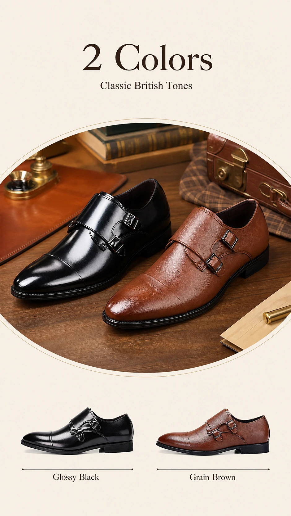 QRLQRL Luxury Leather Double Buckle Monk Strap Formal Shoes for Men Classic Cap Toe Business Office Wedding Dress Shoes