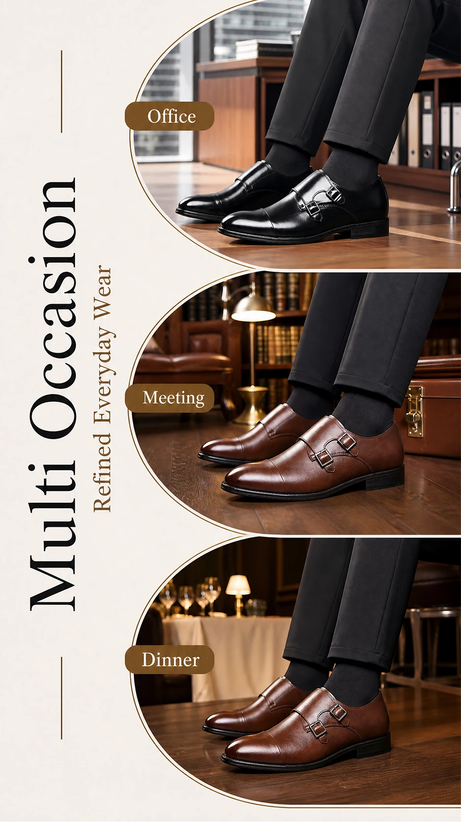 QRLQRL Luxury Leather Double Buckle Monk Strap Formal Shoes for Men Classic Cap Toe Business Office Wedding Dress Shoes