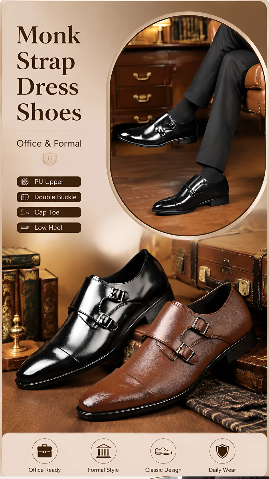 QRLQRL Luxury Leather Double Buckle Monk Strap Formal Shoes for Men Classic Cap Toe Business Office Wedding Dress Shoes