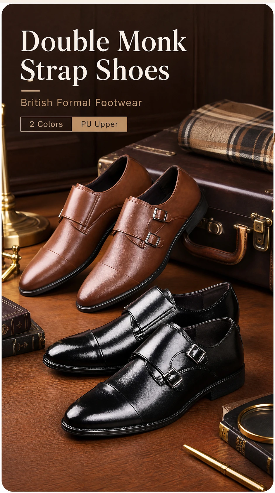 QRLQRL Luxury Leather Double Buckle Monk Strap Formal Shoes for Men Classic Cap Toe Business Office Wedding Dress Shoes