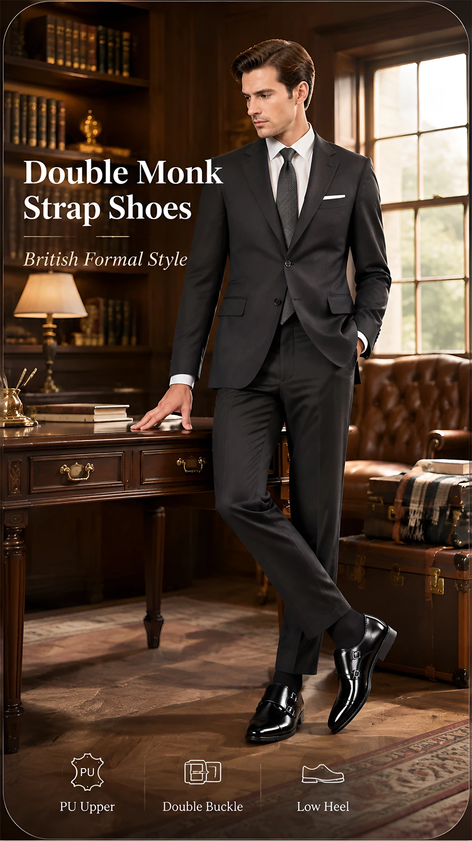 QRLQRL Luxury Leather Double Buckle Monk Strap Formal Shoes for Men Classic Cap Toe Business Office Wedding Dress Shoes
