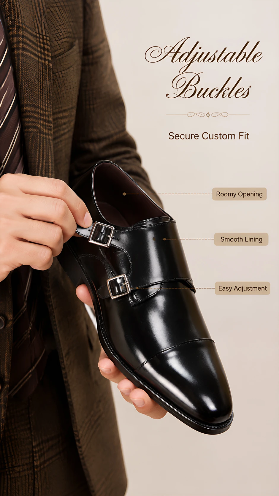 QRLQRL Luxury Leather Double Buckle Monk Strap Formal Shoes for Men Classic Cap Toe Business Office Wedding Dress Shoes