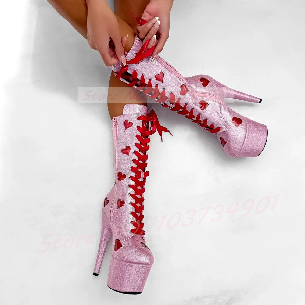 Sparkles Glittery Heart Cutouts Mid Calf Boots Women Platform Pink Ribbon Shoelaces High Heels Boots Sexy Dance Shoes