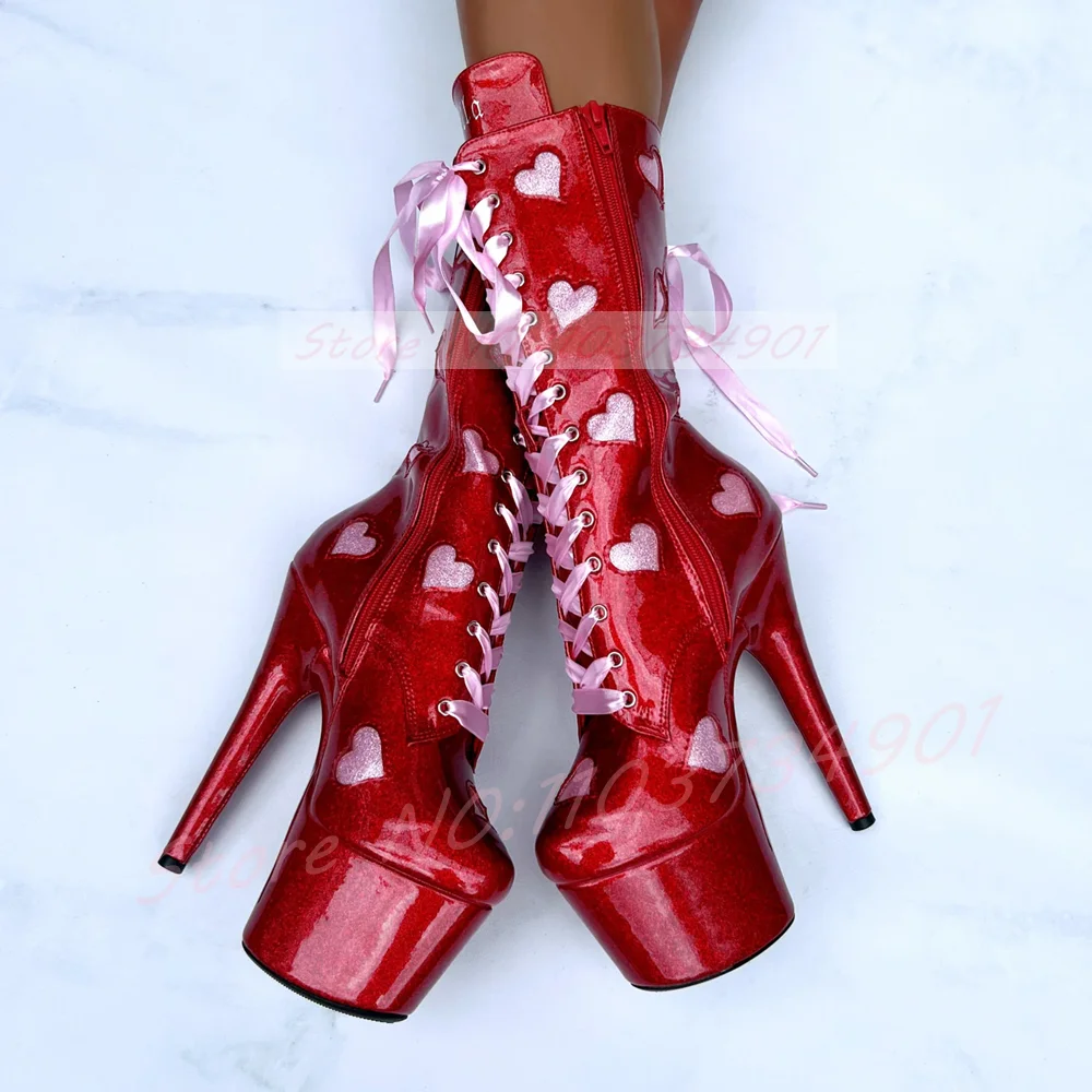 Sparkles Glittery Heart Cutouts Mid Calf Boots Women Platform Pink Ribbon Shoelaces High Heels Boots Sexy Dance Shoes
