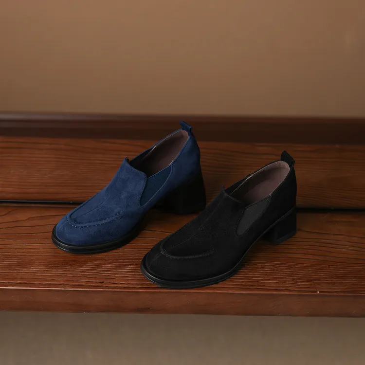 New Spring/Autumn Sheep Suede Women Shoes Fashion Retro Round Toe Shoes for Women High Heels Women Pumps Handmade Blue Loafers