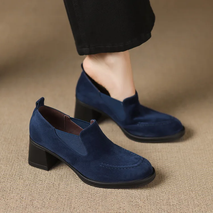 New Spring/Autumn Sheep Suede Women Shoes Fashion Retro Round Toe Shoes for Women High Heels Women Pumps Handmade Blue Loafers