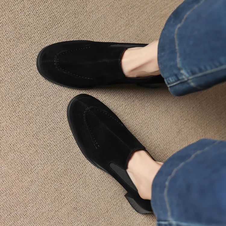 New Spring/Autumn Sheep Suede Women Shoes Fashion Retro Round Toe Shoes for Women High Heels Women Pumps Handmade Blue Loafers