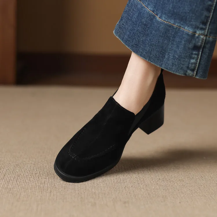 New Spring/Autumn Sheep Suede Women Shoes Fashion Retro Round Toe Shoes for Women High Heels Women Pumps Handmade Blue Loafers