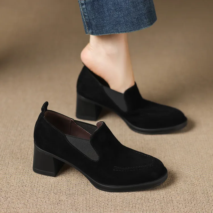 New Spring/Autumn Sheep Suede Women Shoes Fashion Retro Round Toe Shoes for Women High Heels Women Pumps Handmade Blue Loafers