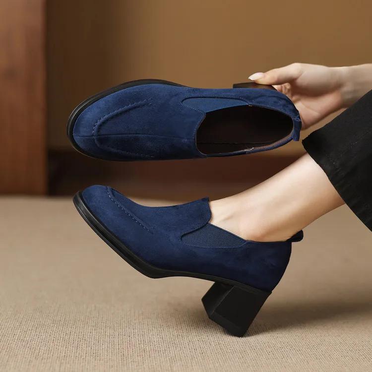 New Spring/Autumn Sheep Suede Women Shoes Fashion Retro Round Toe Shoes for Women High Heels Women Pumps Handmade Blue Loafers