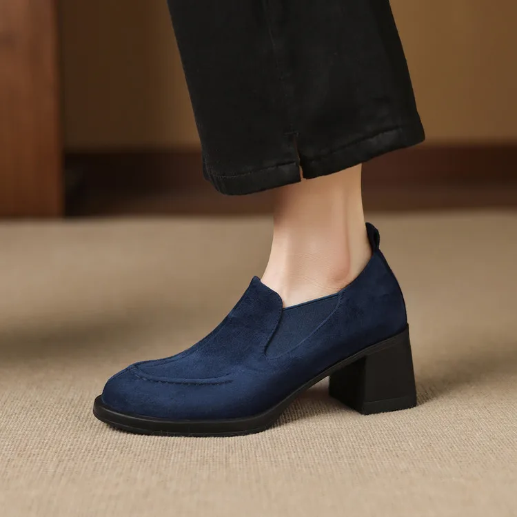 New Spring/Autumn Sheep Suede Women Shoes Fashion Retro Round Toe Shoes for Women High Heels Women Pumps Handmade Blue Loafers