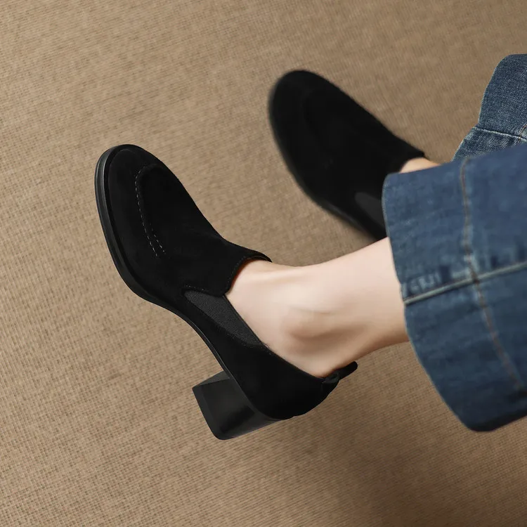 New Spring/Autumn Sheep Suede Women Shoes Fashion Retro Round Toe Shoes for Women High Heels Women Pumps Handmade Blue Loafers