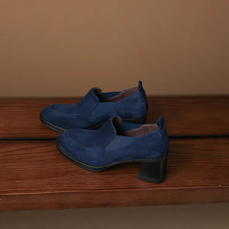 New Spring/Autumn Sheep Suede Women Shoes Fashion Retro Round Toe Shoes for Women High Heels Women Pumps Handmade Blue Loafers