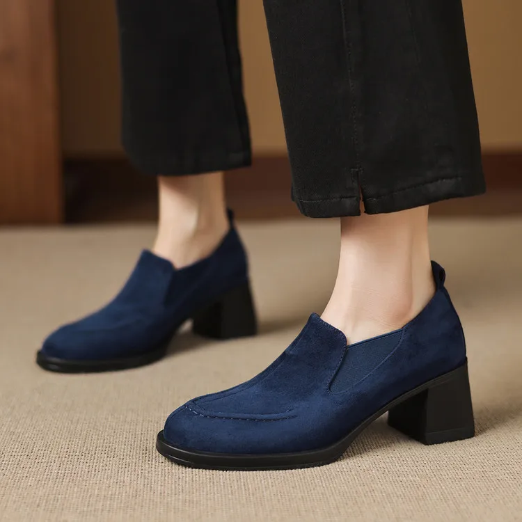New Spring/Autumn Sheep Suede Women Shoes Fashion Retro Round Toe Shoes for Women High Heels Women Pumps Handmade Blue Loafers