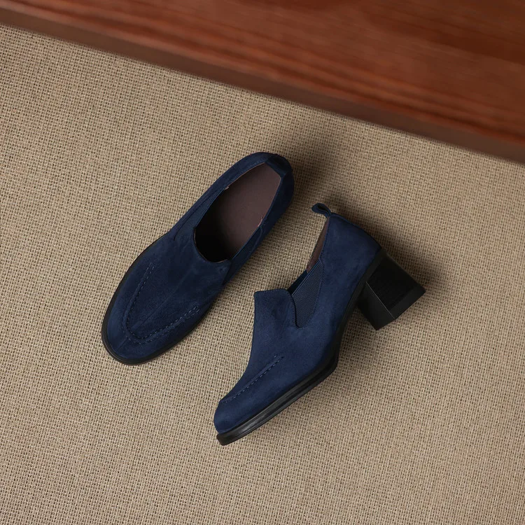 New Spring/Autumn Sheep Suede Women Shoes Fashion Retro Round Toe Shoes for Women High Heels Women Pumps Handmade Blue Loafers