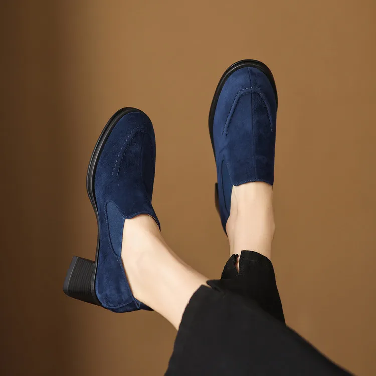New Spring/Autumn Sheep Suede Women Shoes Fashion Retro Round Toe Shoes for Women High Heels Women Pumps Handmade Blue Loafers