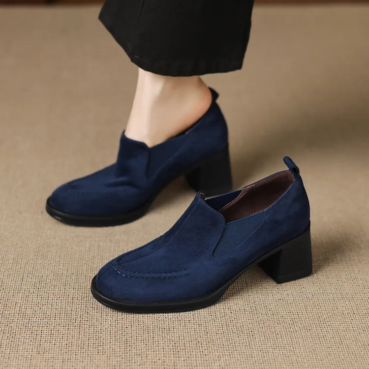 New Spring/Autumn Sheep Suede Women Shoes Fashion Retro Round Toe Shoes for Women High Heels Women Pumps Handmade Blue Loafers