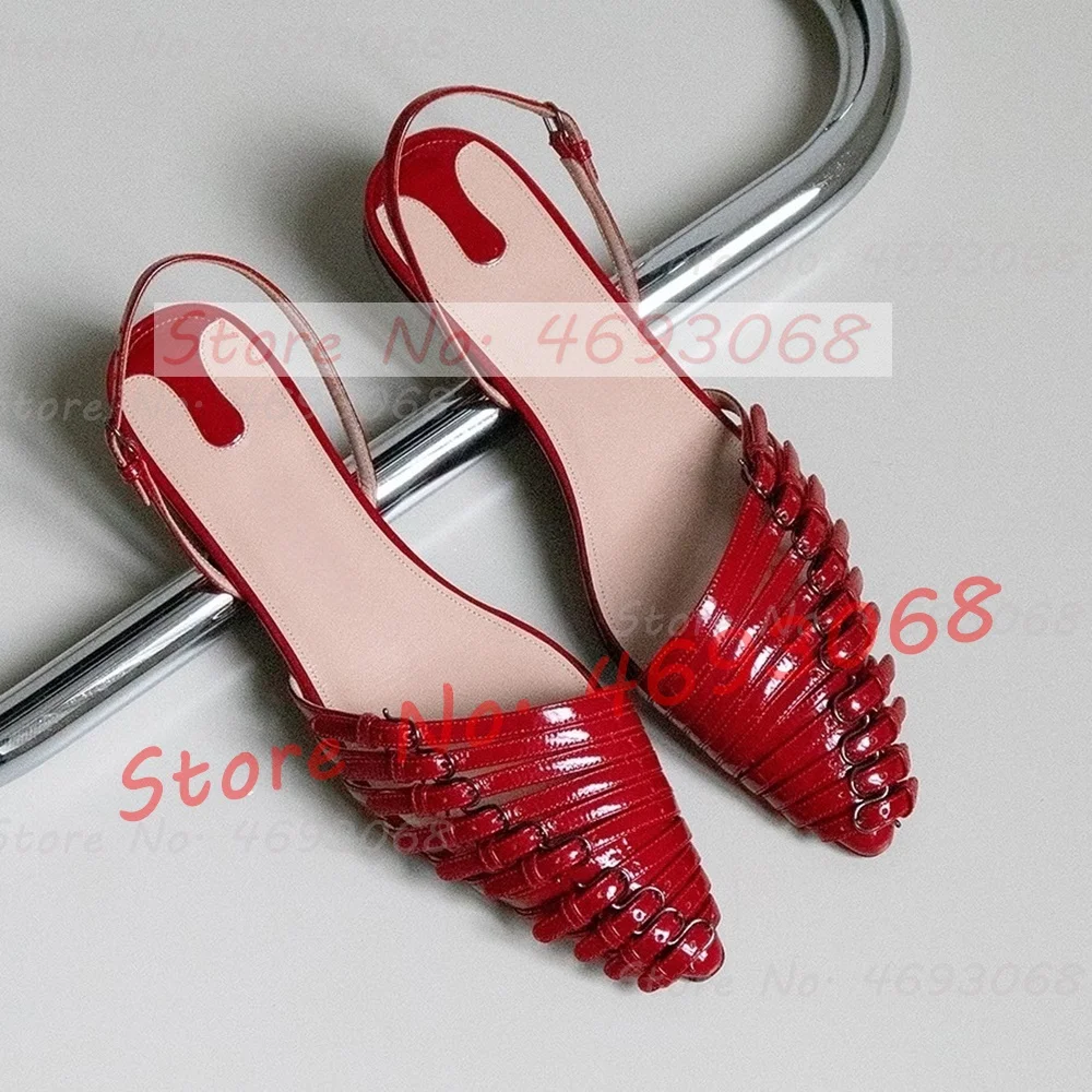 Red Multi Buckle Straps Flat Sandals Women Stylish Back Strap Pointy Toe Comfy Shoes Trendy Belt Buckles Metallic Leather Sandal