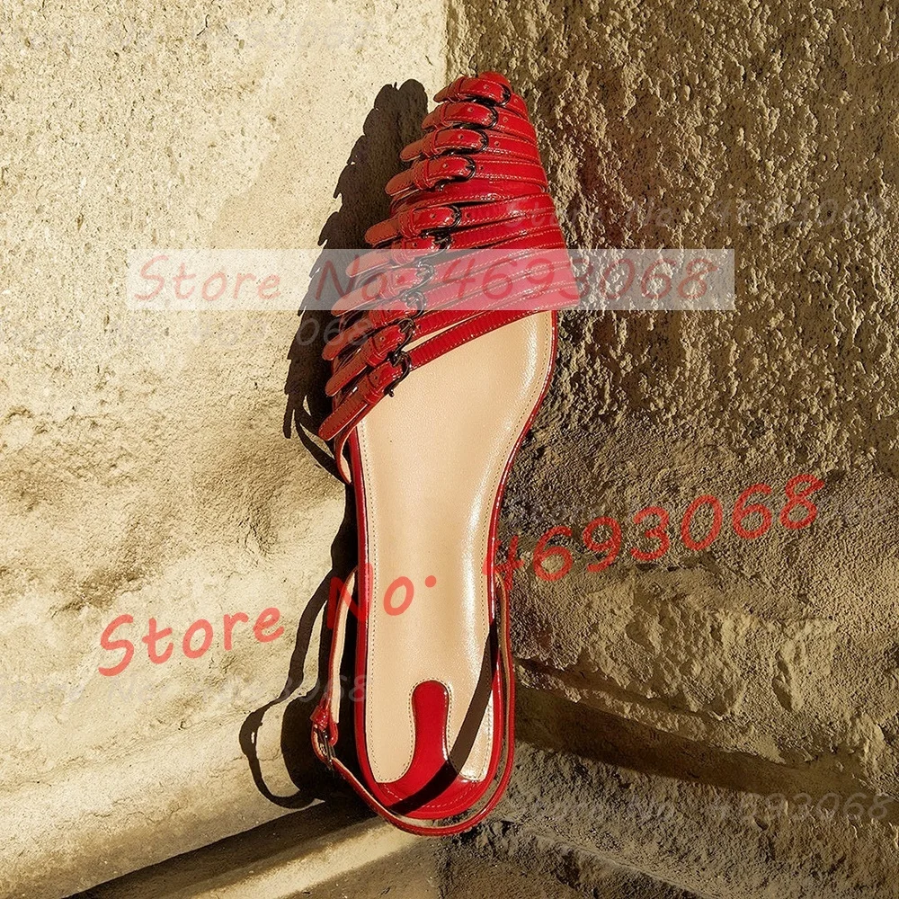 Red Multi Buckle Straps Flat Sandals Women Stylish Back Strap Pointy Toe Comfy Shoes Trendy Belt Buckles Metallic Leather Sandal