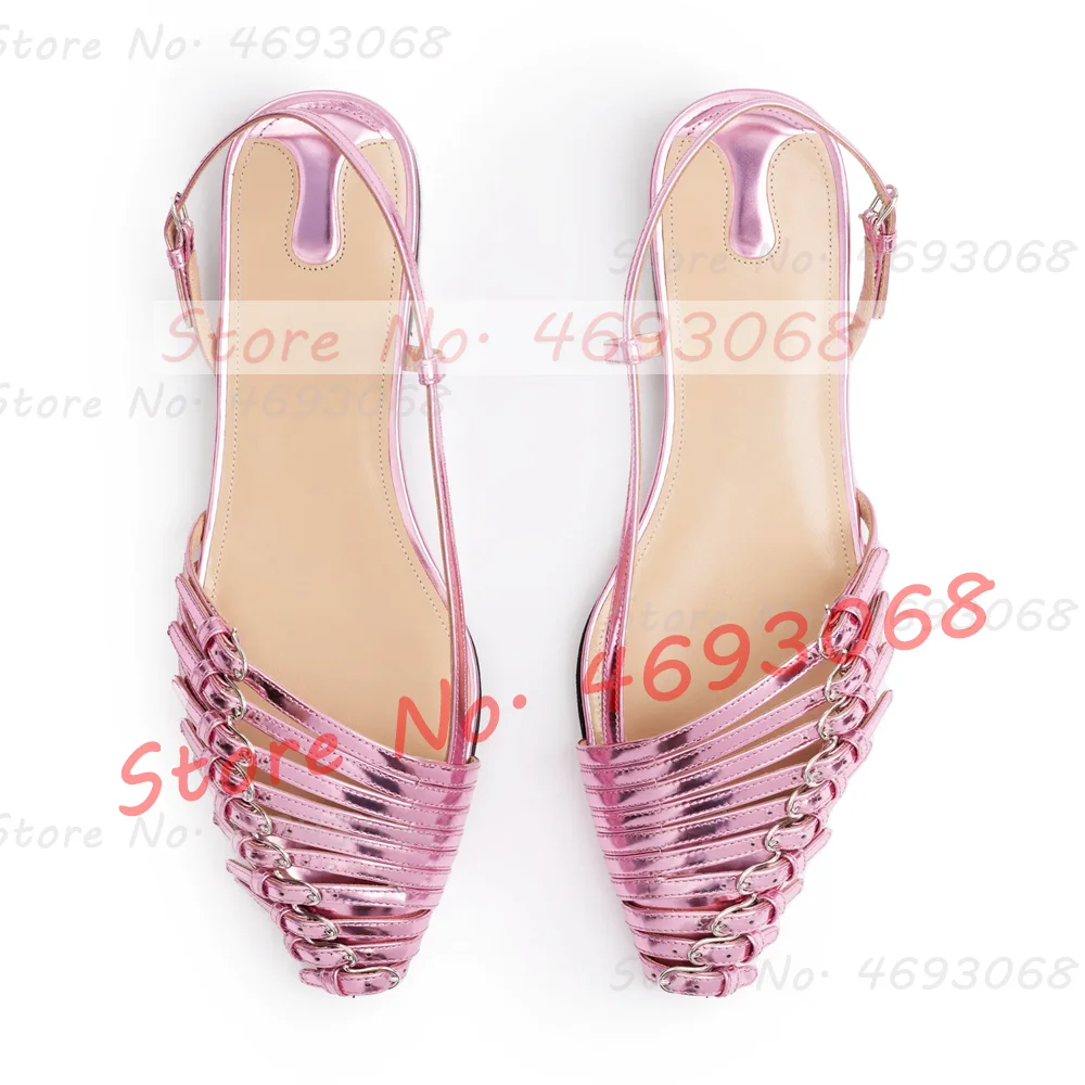 Red Multi Buckle Straps Flat Sandals Women Stylish Back Strap Pointy Toe Comfy Shoes Trendy Belt Buckles Metallic Leather Sandal