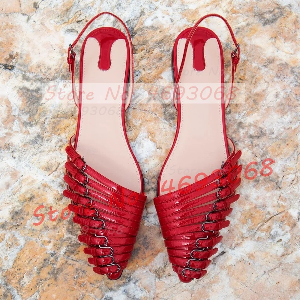 Red Multi Buckle Straps Flat Sandals Women Stylish Back Strap Pointy Toe Comfy Shoes Trendy Belt Buckles Metallic Leather Sandal