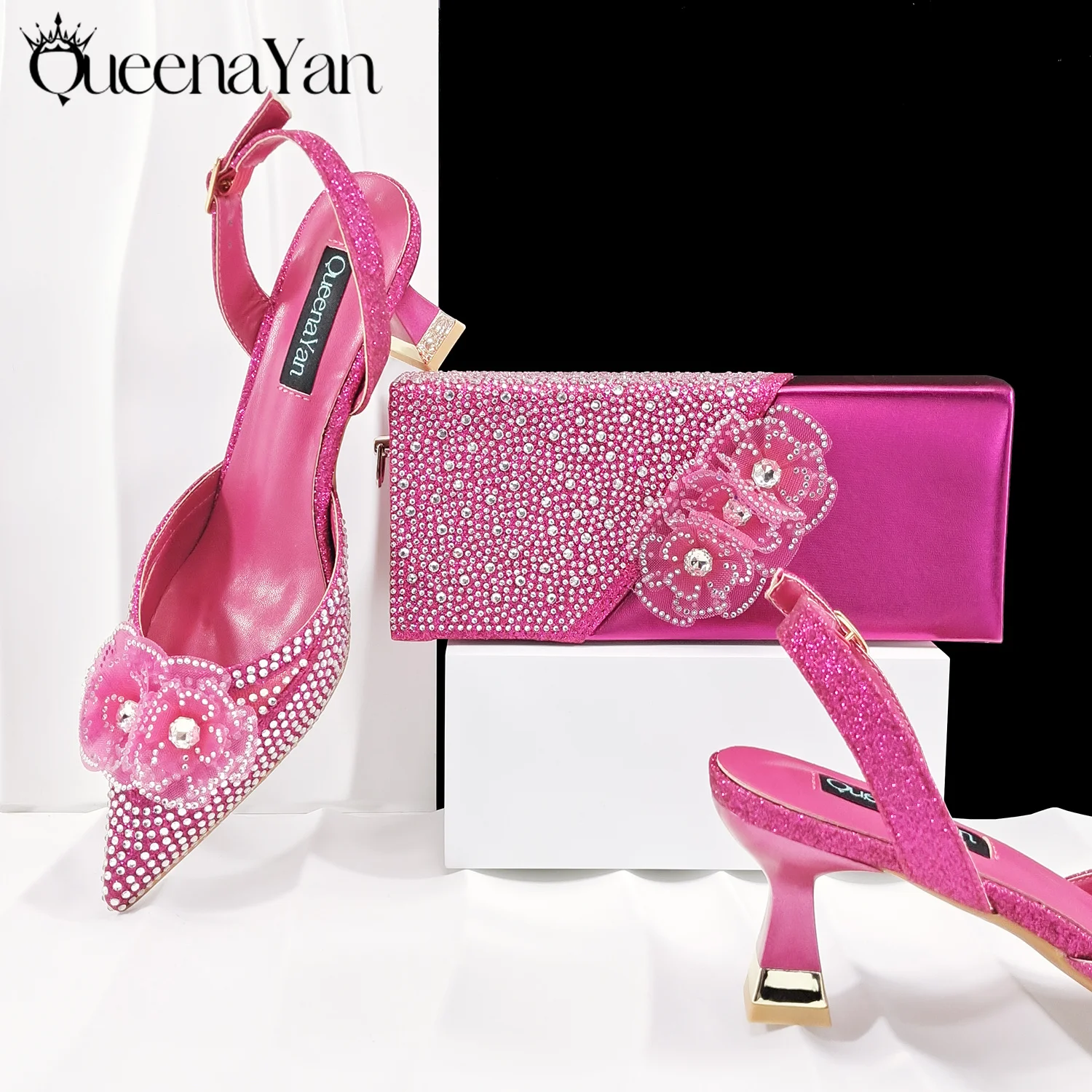 QueenaYan Elegant African-Inspired Evening Shoes and Handmade Clutch Set Pointed Toe High-Heel Women's Footwear and Matching Bag