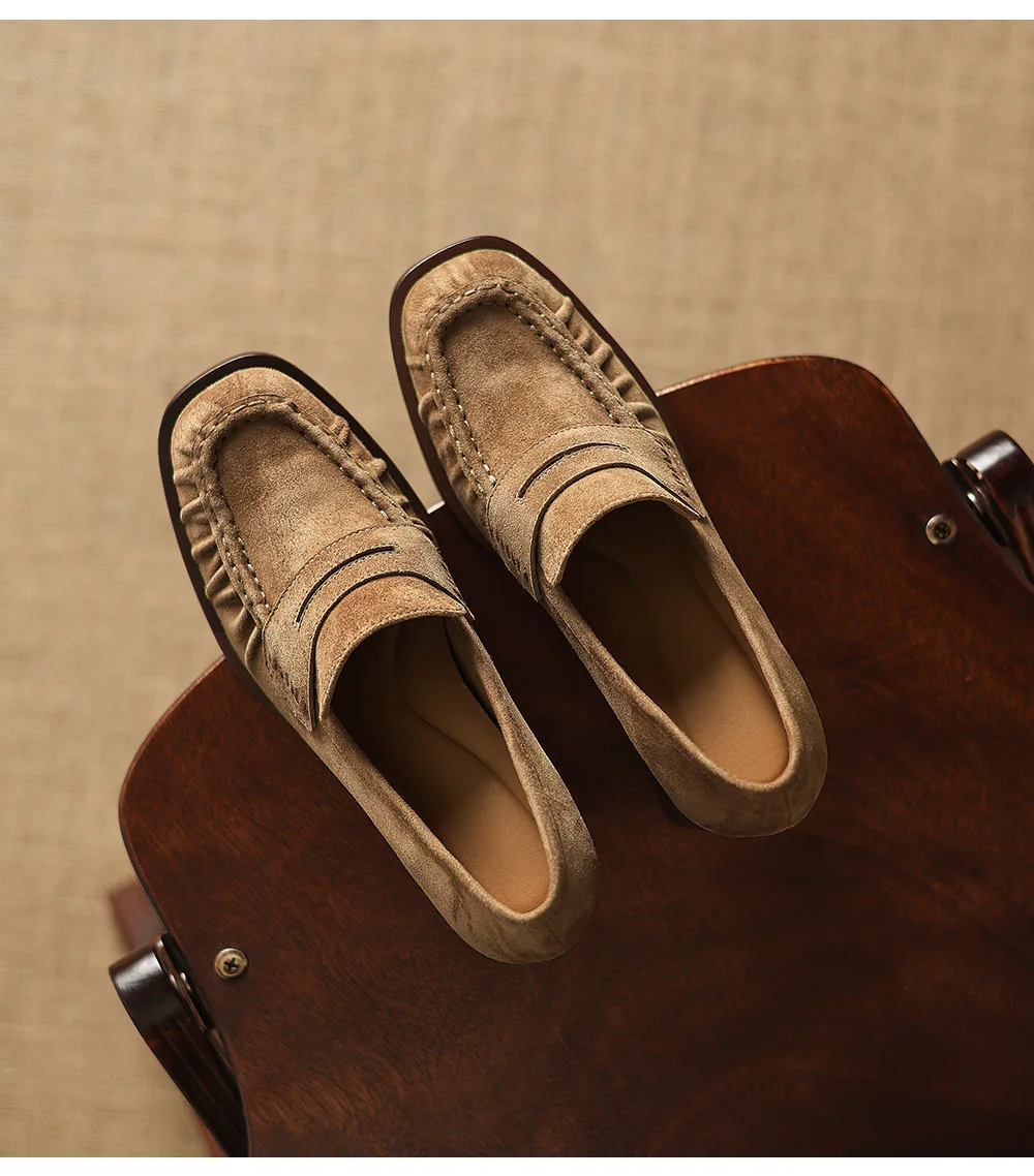 2026 spring summer women pumps natural leather 22-25cm kid suede+cowhide+pigskin round toe thick high heel loafers women shoes