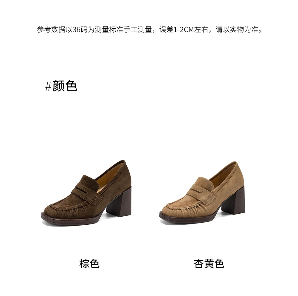 2026 spring summer women pumps natural leather 22-25cm kid suede+cowhide+pigskin round toe thick high heel loafers women shoes