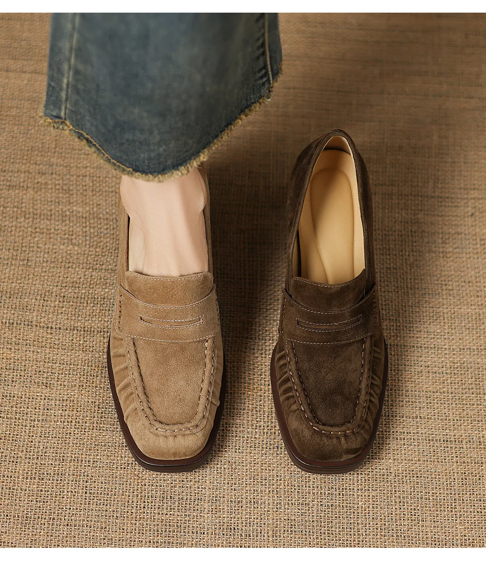 2026 spring summer women pumps natural leather 22-25cm kid suede+cowhide+pigskin round toe thick high heel loafers women shoes