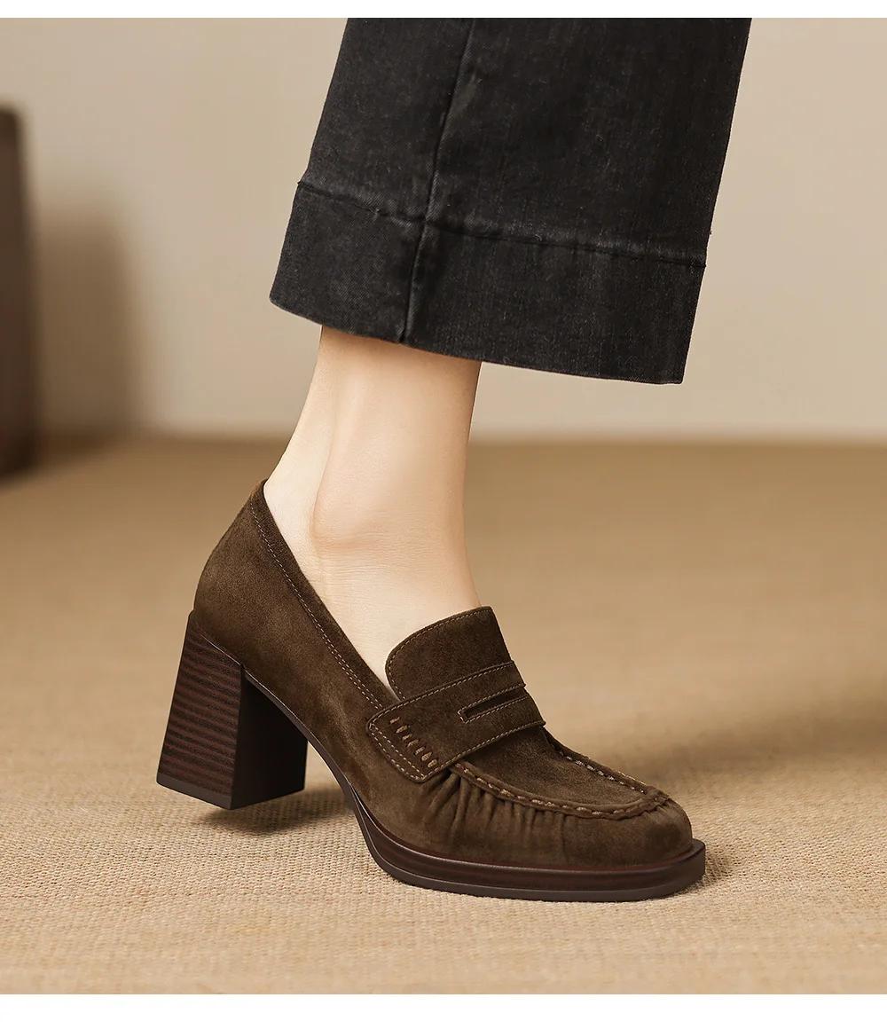 2026 spring summer women pumps natural leather 22-25cm kid suede+cowhide+pigskin round toe thick high heel loafers women shoes