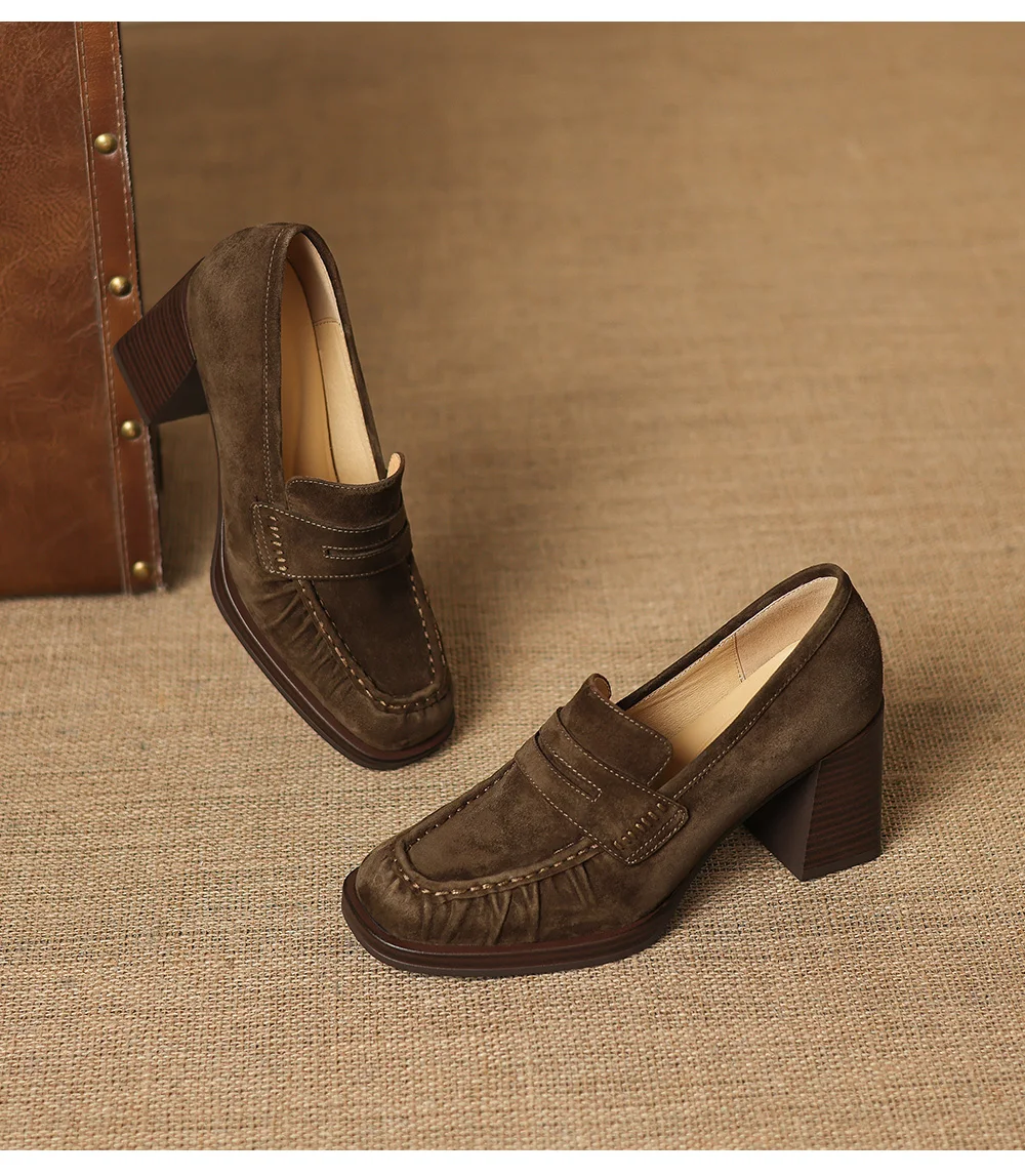 2026 spring summer women pumps natural leather 22-25cm kid suede+cowhide+pigskin round toe thick high heel loafers women shoes