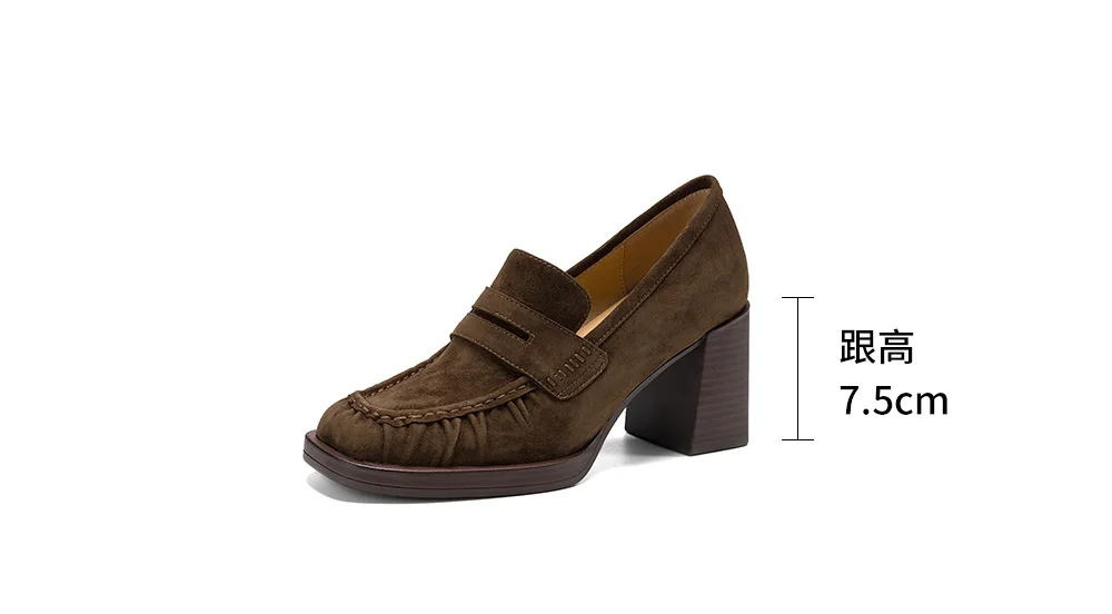 2026 spring summer women pumps natural leather 22-25cm kid suede+cowhide+pigskin round toe thick high heel loafers women shoes