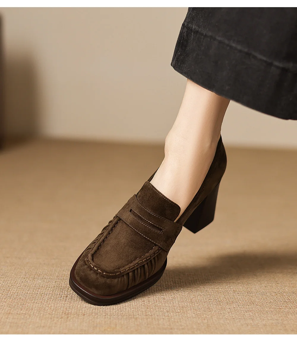 2026 spring summer women pumps natural leather 22-25cm kid suede+cowhide+pigskin round toe thick high heel loafers women shoes