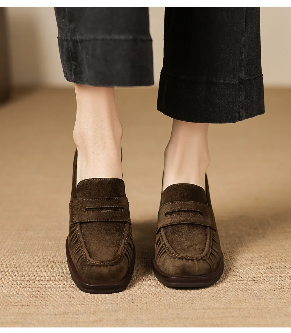 2026 spring summer women pumps natural leather 22-25cm kid suede+cowhide+pigskin round toe thick high heel loafers women shoes