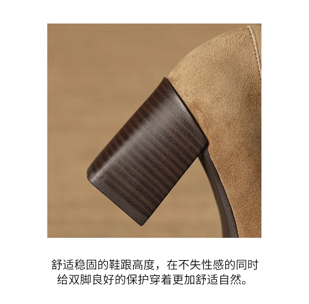 2026 spring summer women pumps natural leather 22-25cm kid suede+cowhide+pigskin round toe thick high heel loafers women shoes