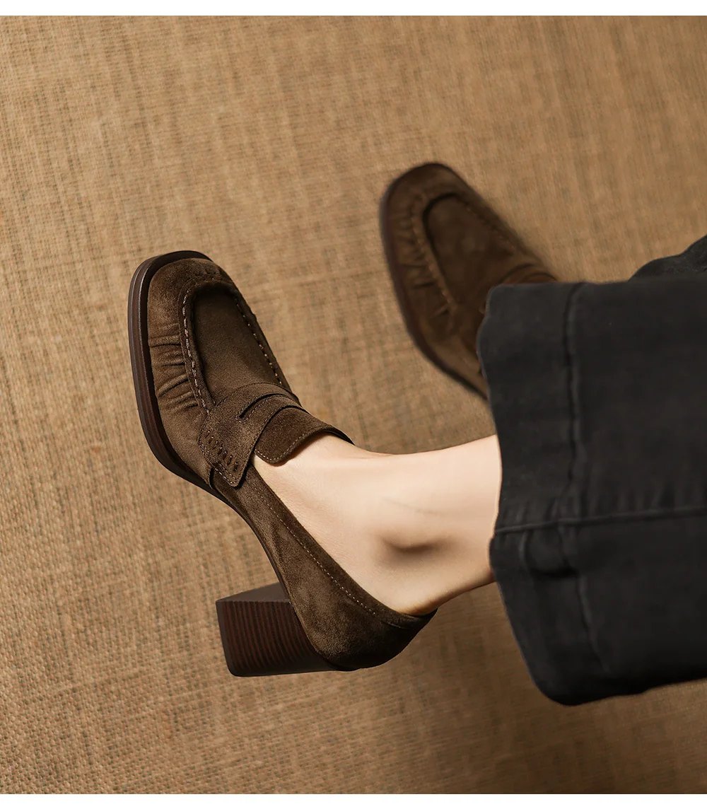 2026 spring summer women pumps natural leather 22-25cm kid suede+cowhide+pigskin round toe thick high heel loafers women shoes