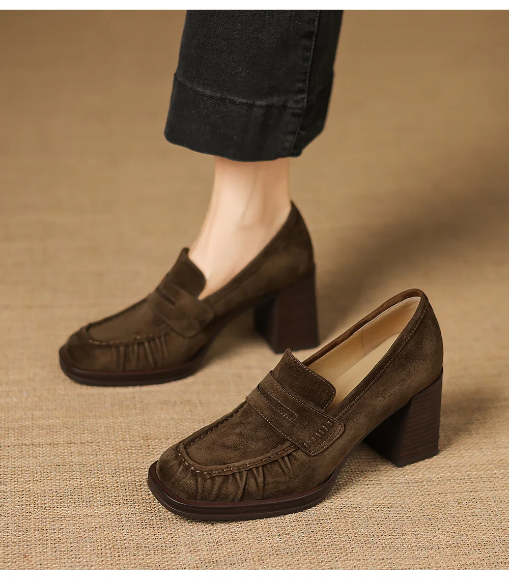 2026 spring summer women pumps natural leather 22-25cm kid suede+cowhide+pigskin round toe thick high heel loafers women shoes