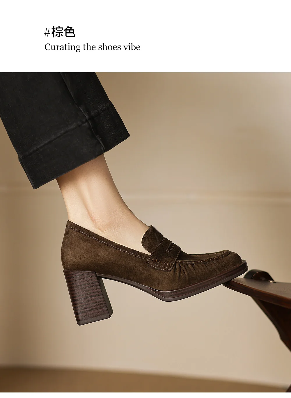 2026 spring summer women pumps natural leather 22-25cm kid suede+cowhide+pigskin round toe thick high heel loafers women shoes