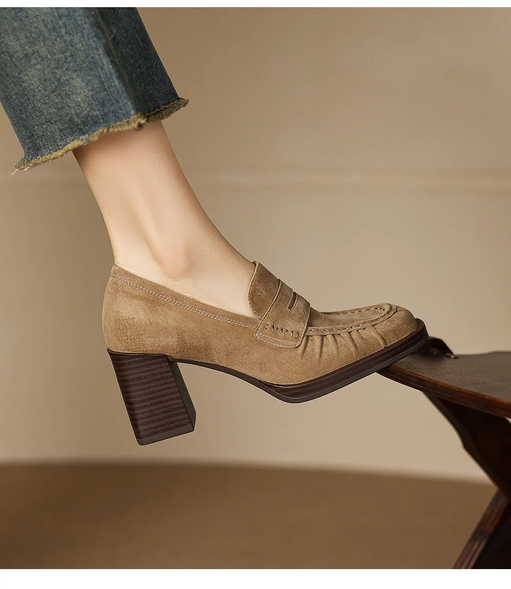 2026 spring summer women pumps natural leather 22-25cm kid suede+cowhide+pigskin round toe thick high heel loafers women shoes