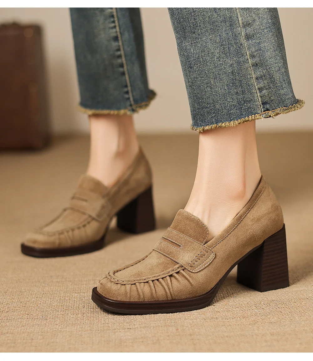 2026 spring summer women pumps natural leather 22-25cm kid suede+cowhide+pigskin round toe thick high heel loafers women shoes