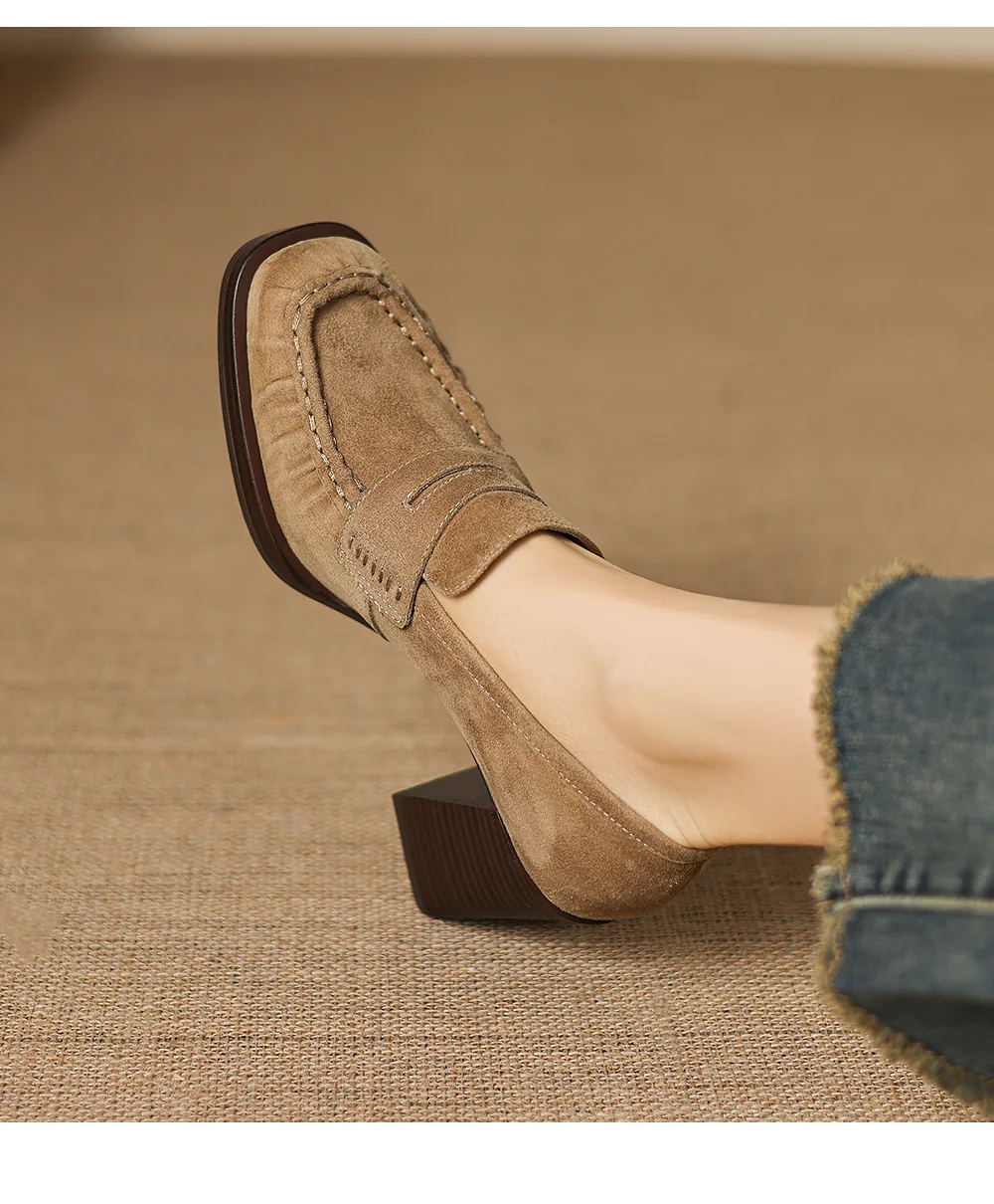 2026 spring summer women pumps natural leather 22-25cm kid suede+cowhide+pigskin round toe thick high heel loafers women shoes