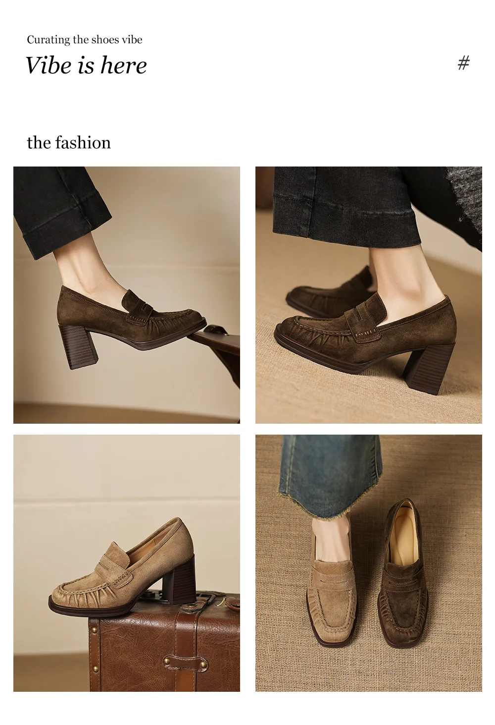2026 spring summer women pumps natural leather 22-25cm kid suede+cowhide+pigskin round toe thick high heel loafers women shoes