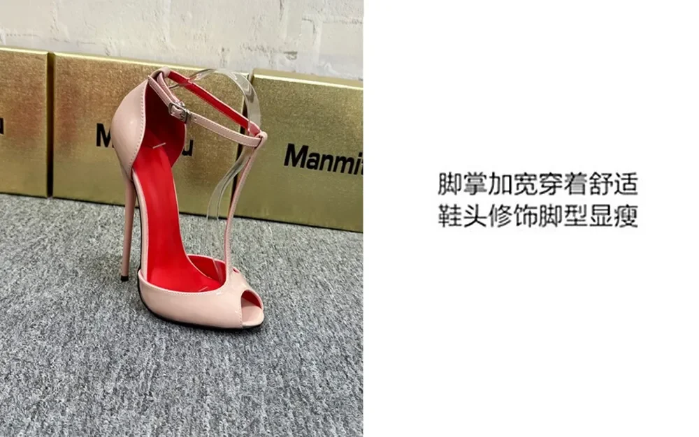 New 12cm Pointed Slender Heel T-shaped Fish Mouth High-heeled Shoes with A Single Buckle and Exposed Toe Sexy Sandals